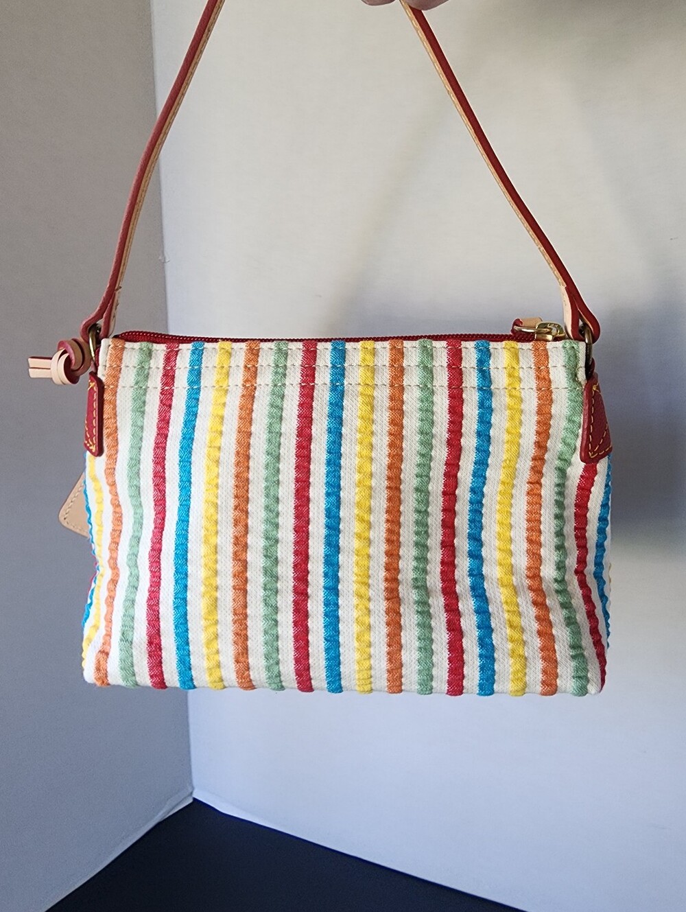 Dooney & Bourke Vintage Rainbow Striped Seersucker Mini Hand Bag, EUC - Picture 2 of 10